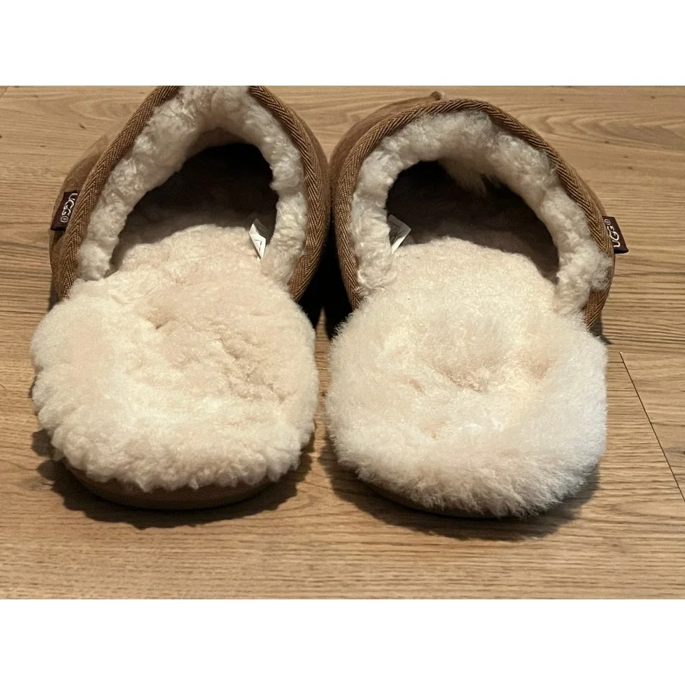 UGG Scuff Slipper Mens 12 Brown Suede Sheepskin Lining House Shoes Slip On Warm